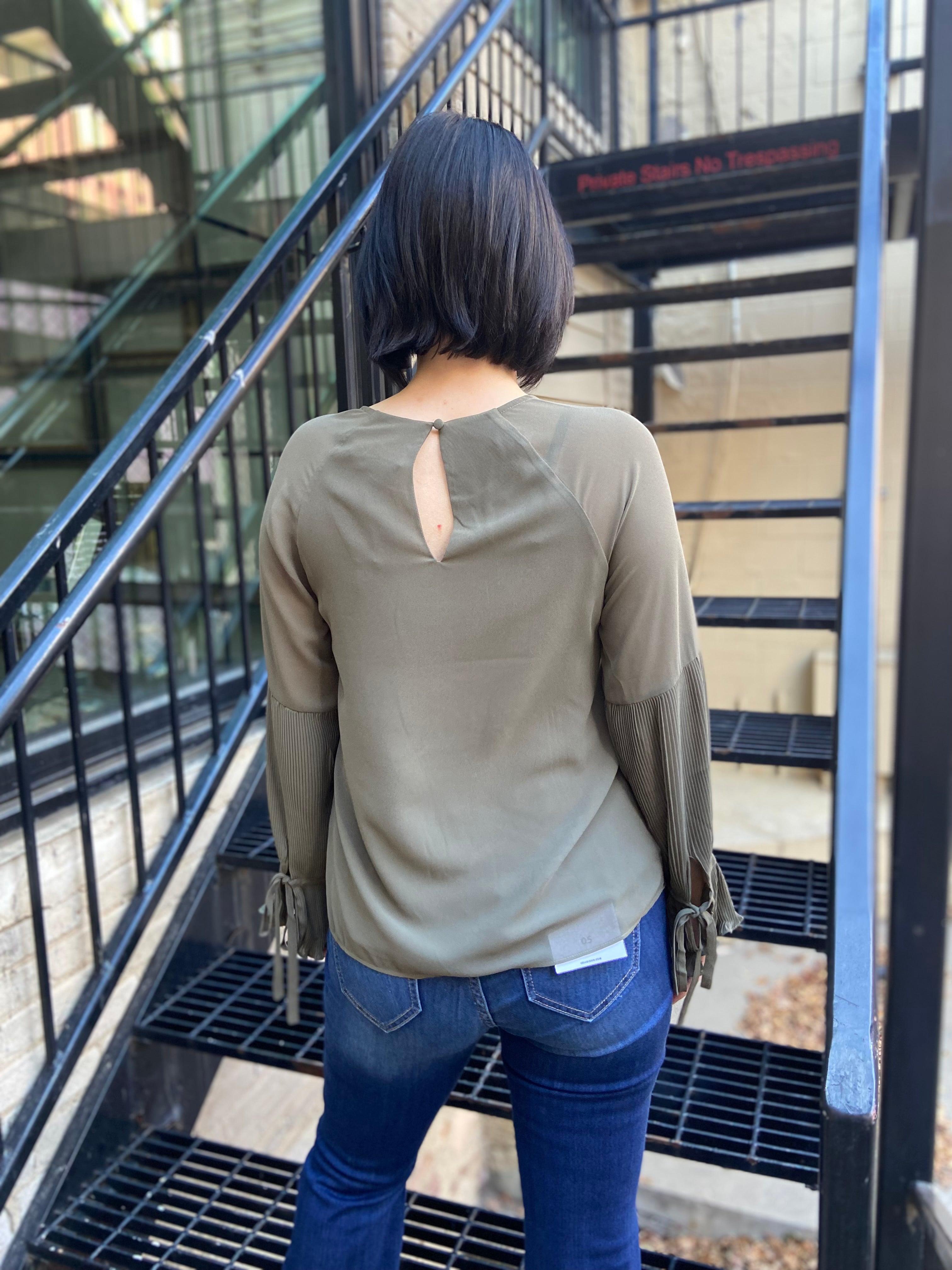 Olivia Olive Pleated Bell Sleeve Long Sleeve Blouse