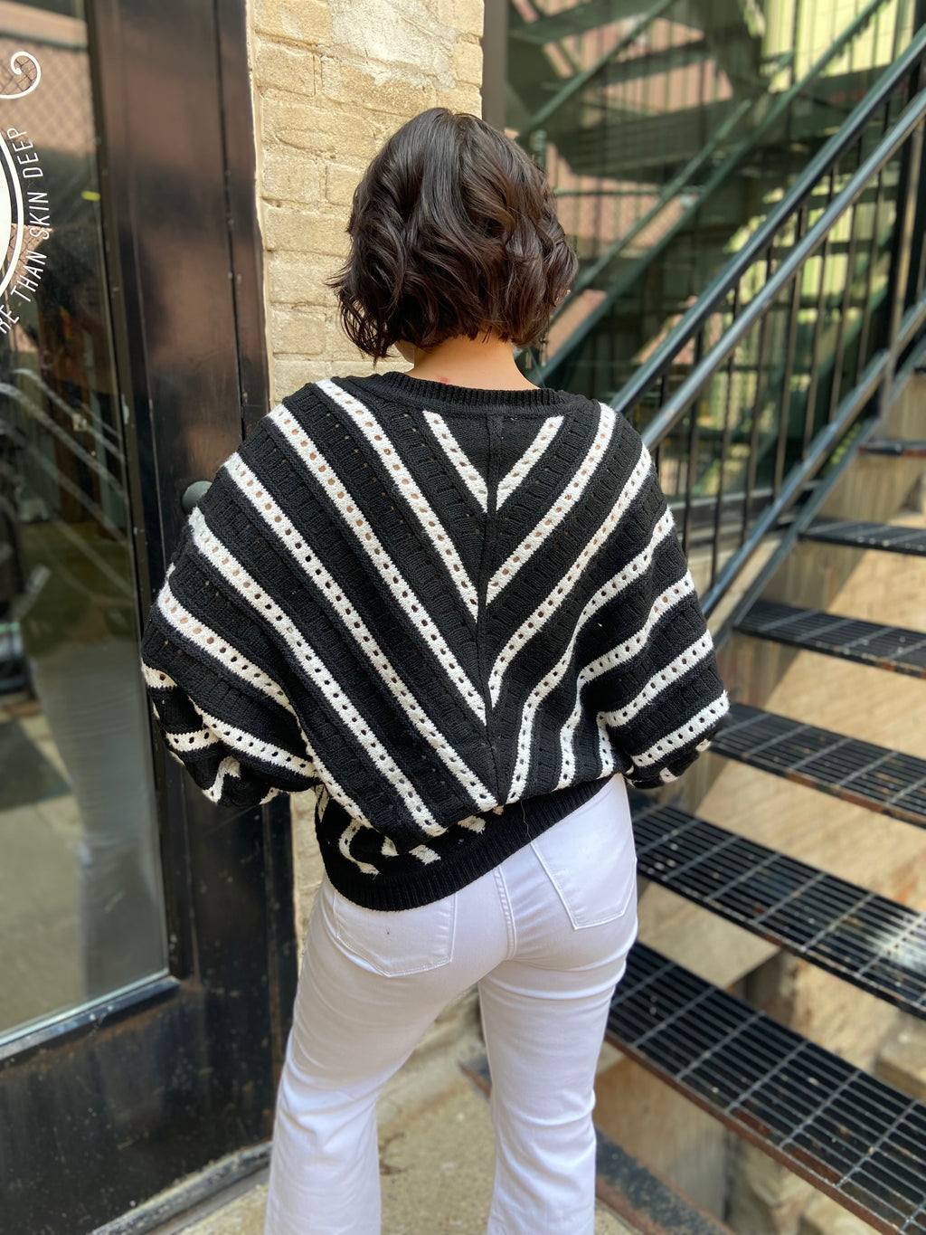Liz Black & White Diagonal Stripe Knit Sweater