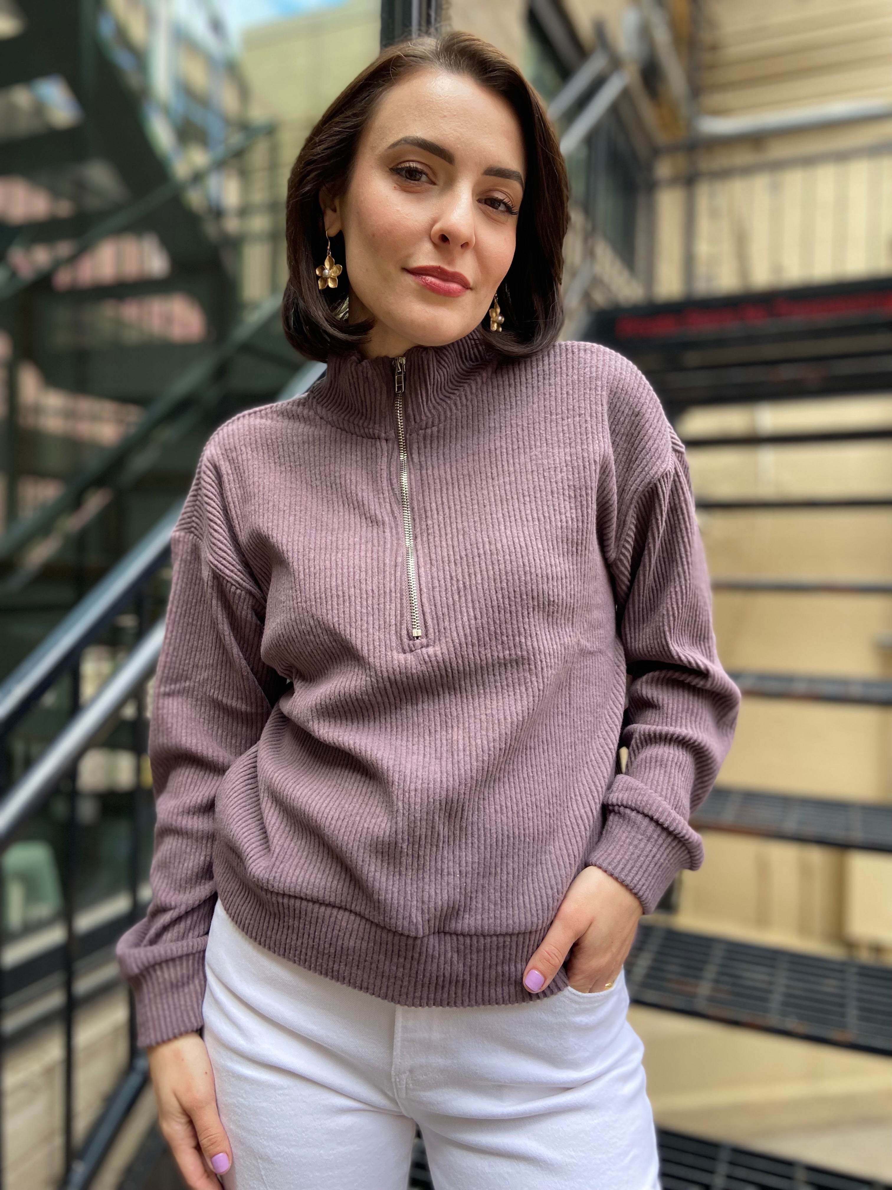 Kallie Taro Drop Shoulder Ribbed Half Zip - MK Threads Boutique