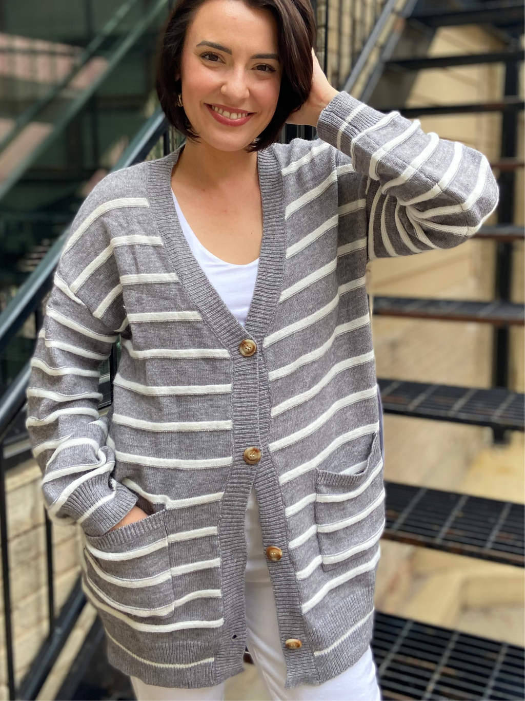 Jericho Gray & White Striped Cardigan
