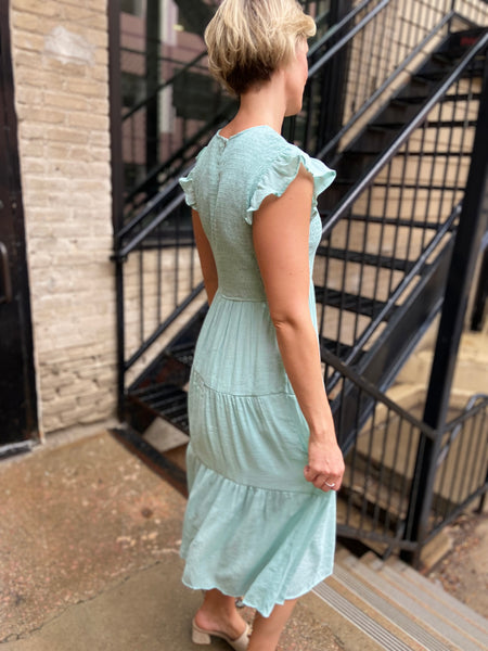 Stella Light Teal Smocked Tiered Midi Dress