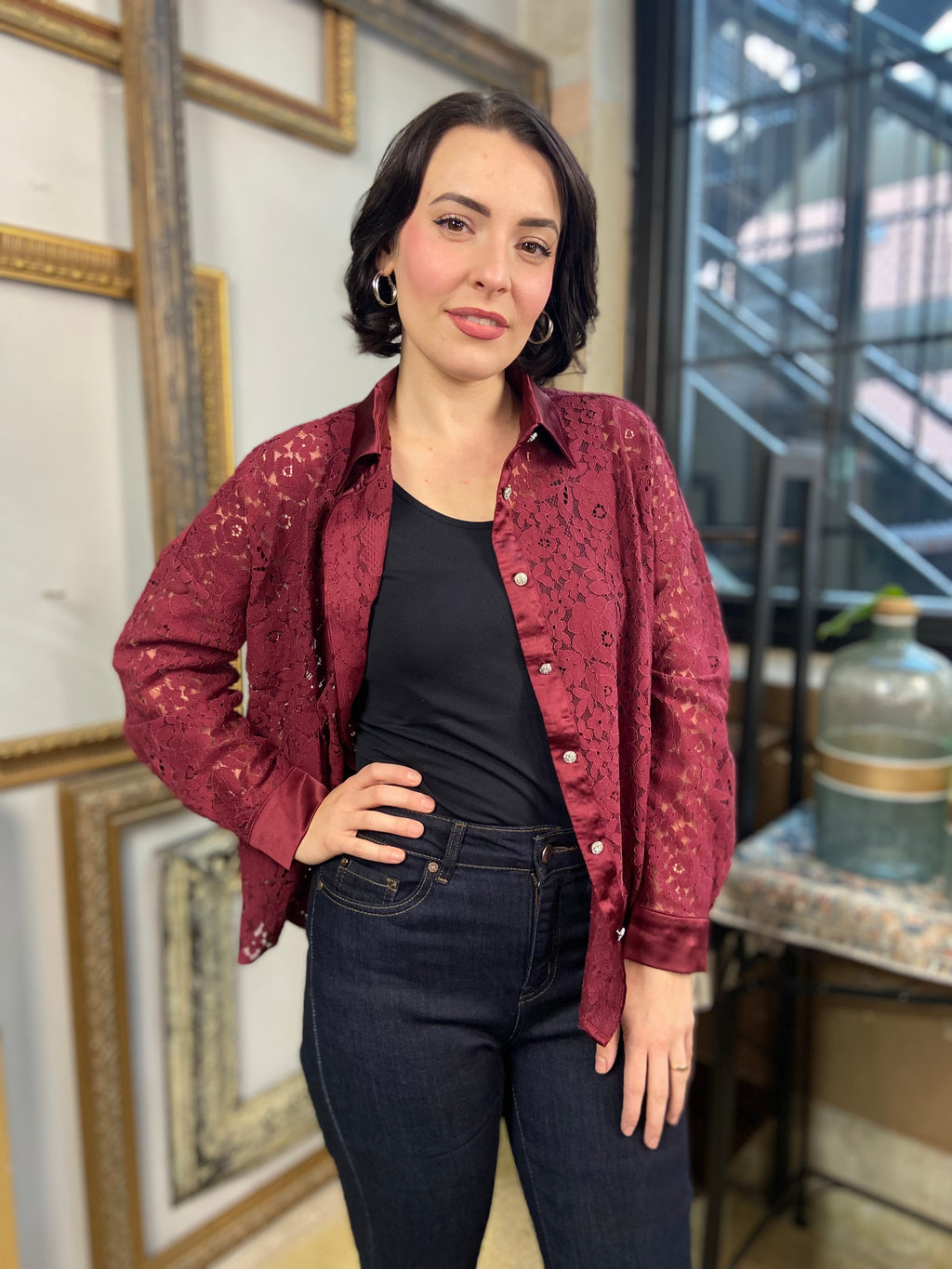 Nancie Wine Lace Button Up Top