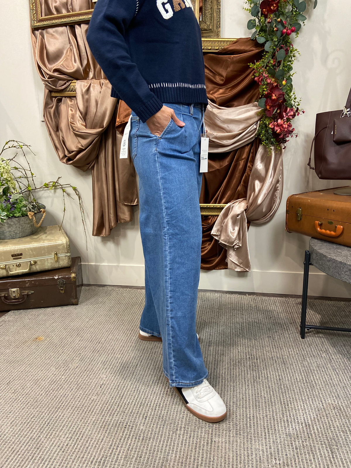 Wilma Medium Wash Wide Leg Pleated Risen Jeans