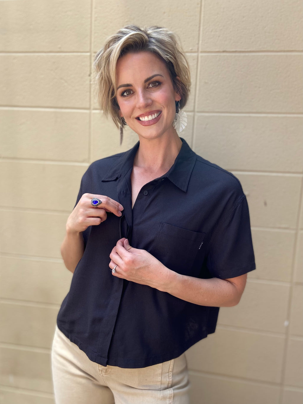 Ani Black Short Sleeve Linen Risen Button Up - MK Threads Boutique