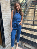 Claire Medium Wash Straight Leg Tie Waist Denim Jumpsuit