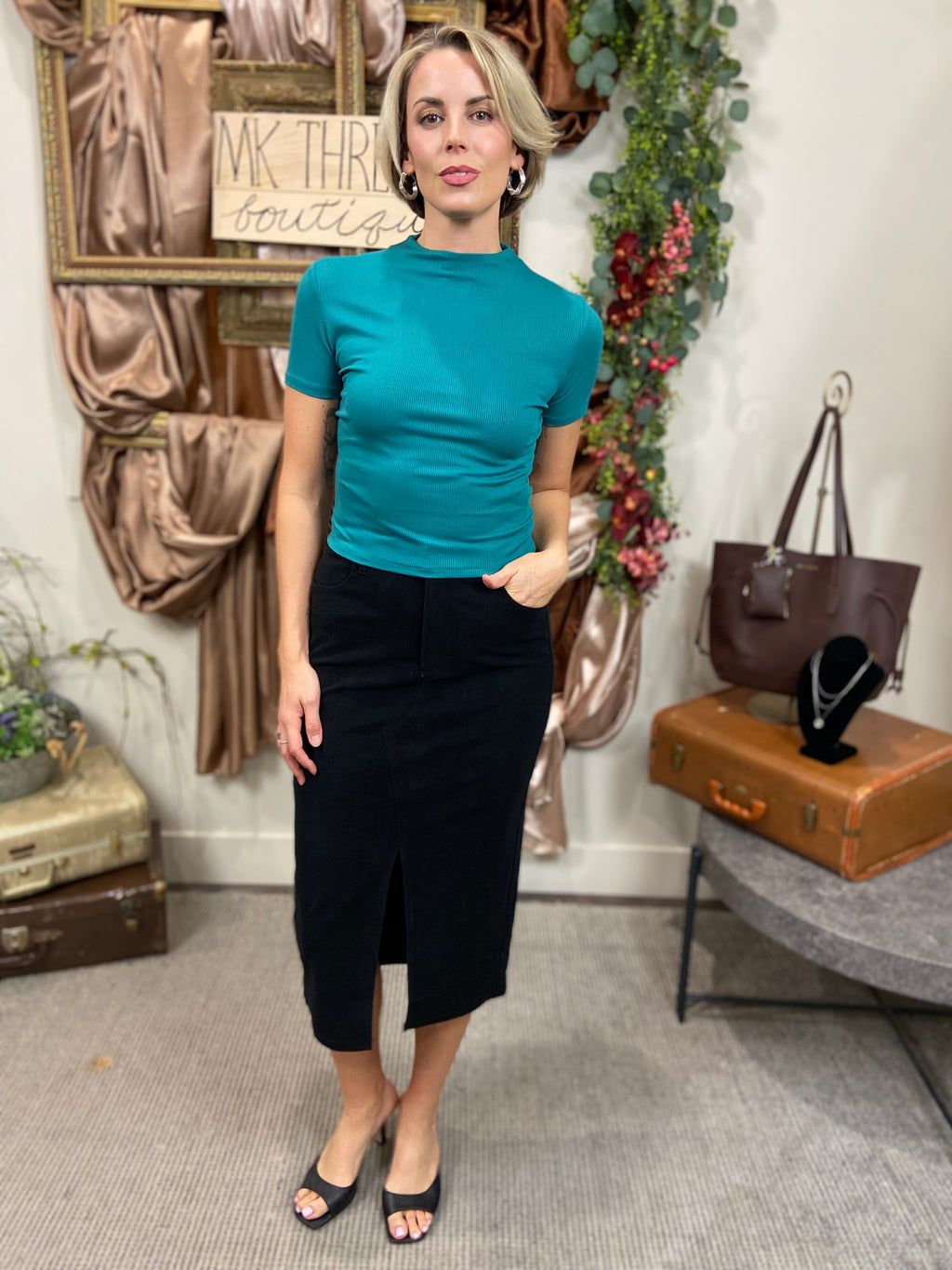 Mini Emerald Teal Mock Neck Ribbed Top