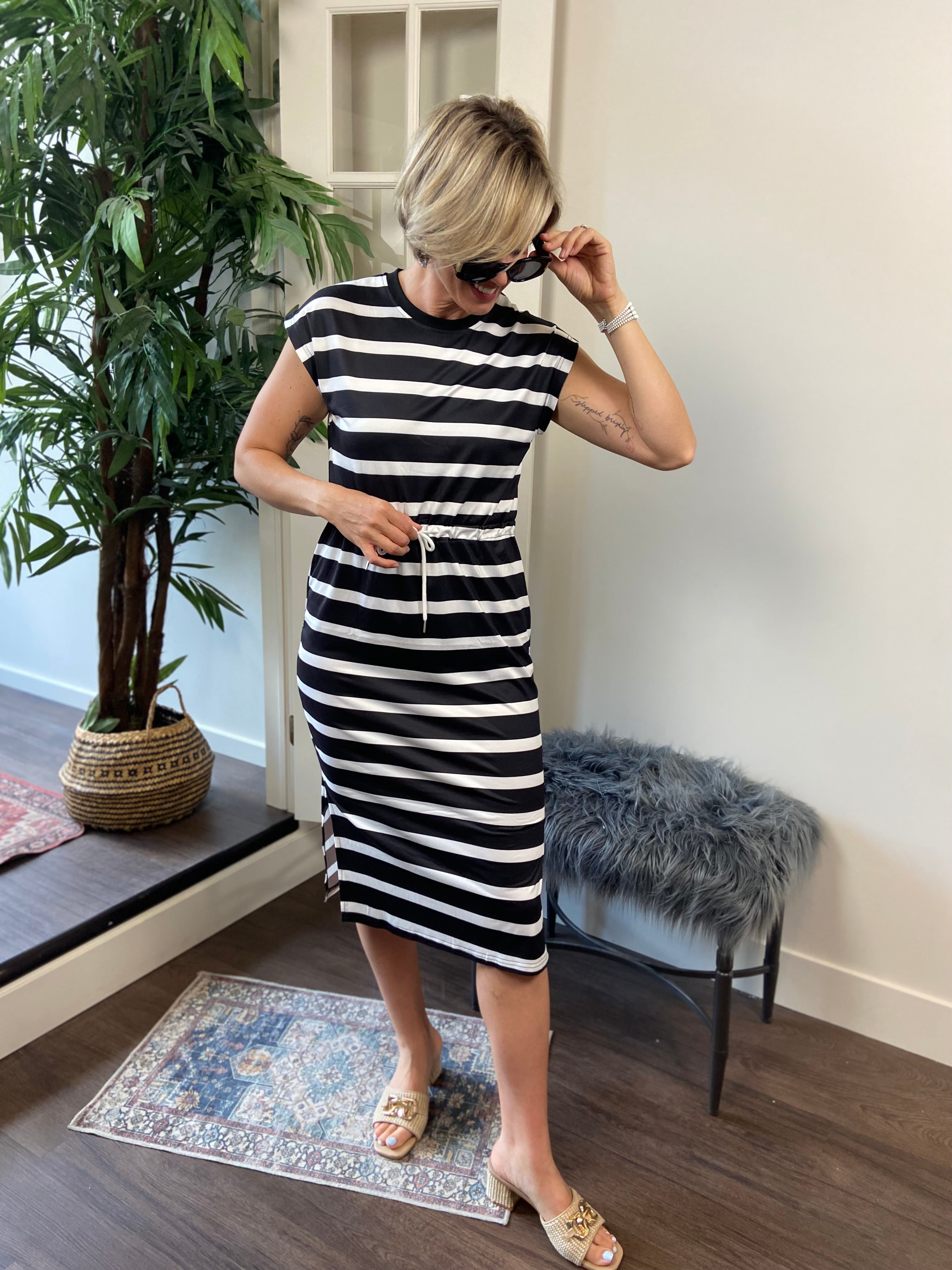 Amara Black & White Stripe Tie Waist Midi Dress