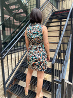 Penelope Teal Satin Floral Sleeveless Dress