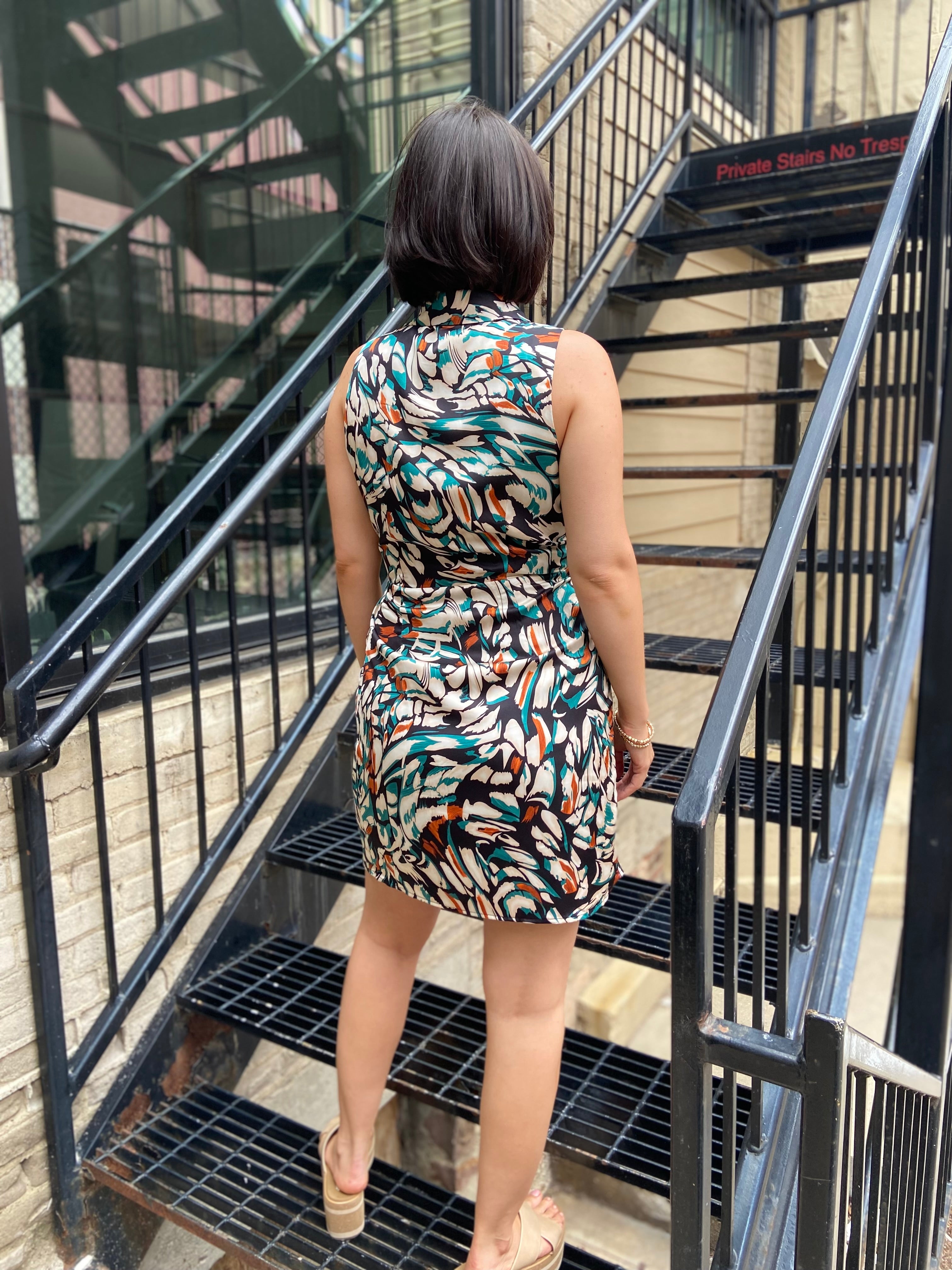Penelope Teal Satin Floral Sleeveless Dress