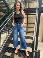 Alana Dark Wash Button Detail Wide Leg Risen Jeans - MK Threads Boutique
