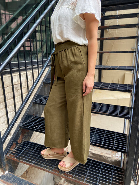 Vesper Olive Front Tie Cropped Pants