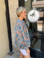 Gale Blue Retro Floral Long Sleeve Blouse