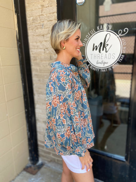 Gale Blue Retro Floral Long Sleeve Blouse