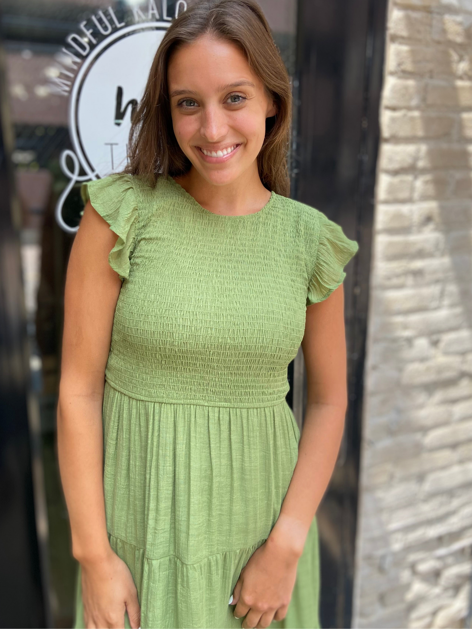 Stella Olive Green Smocked Tiered Midi Dress