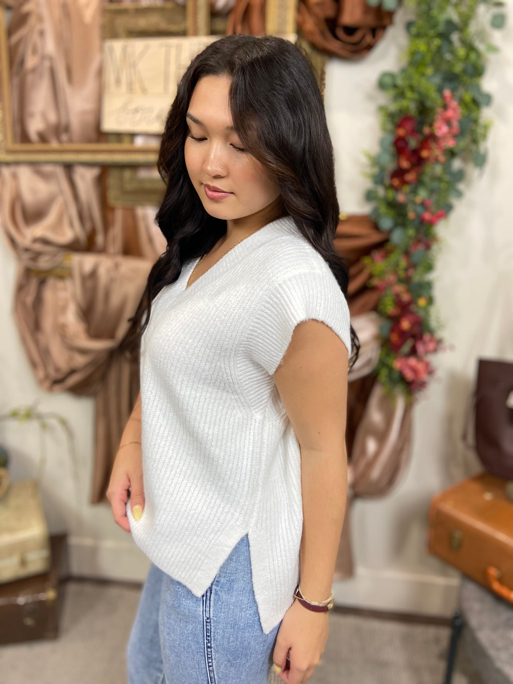 Kiara Ivory Oversized Sweater Vest Side Slit