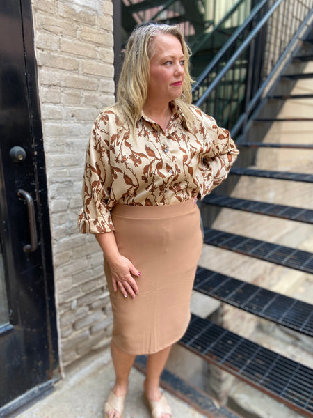 Janelle Plus Size Toffee Tan Scuba Pencil Skirt