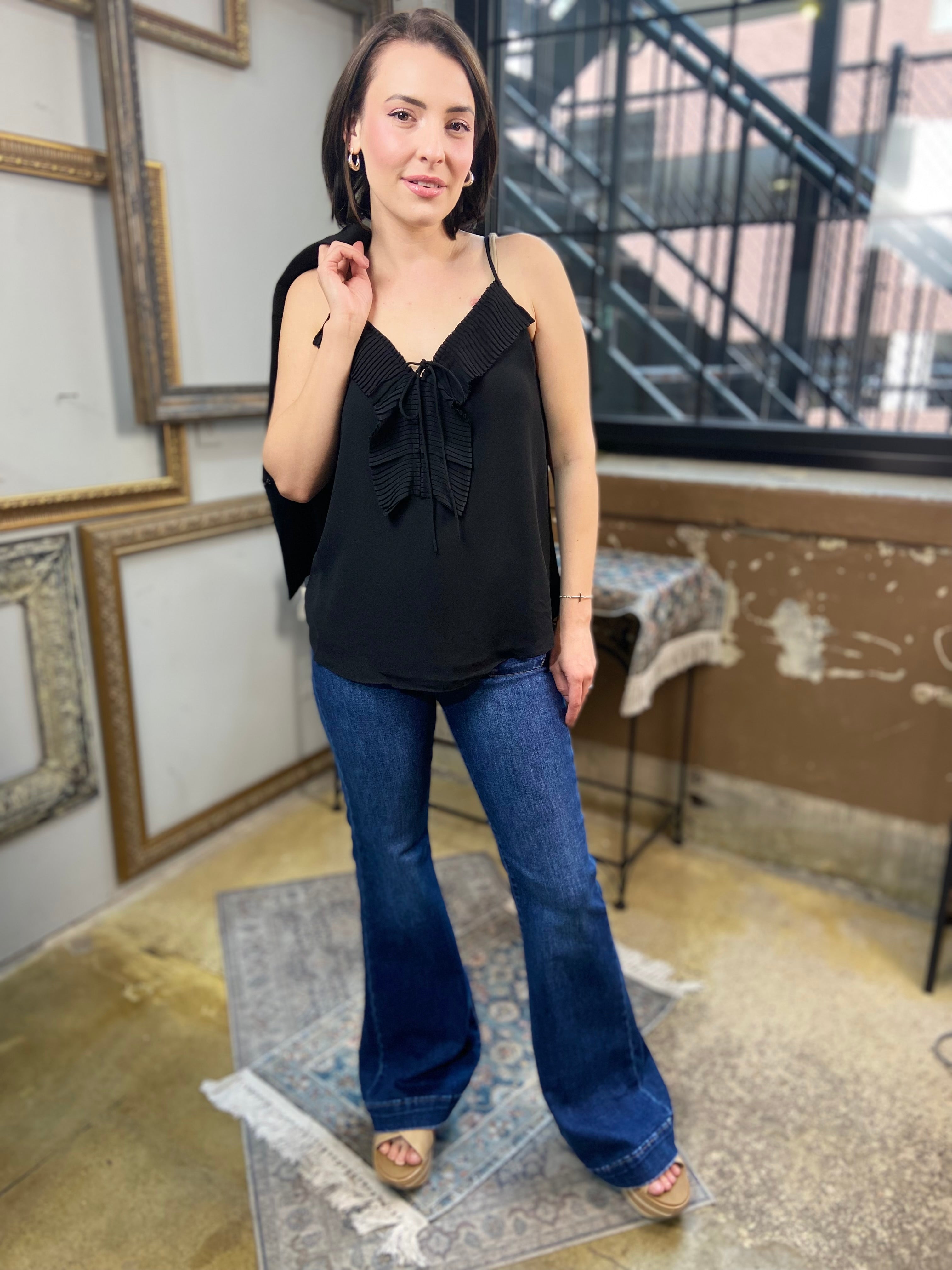 Tessa Black Pleated Ruffle Cami Top