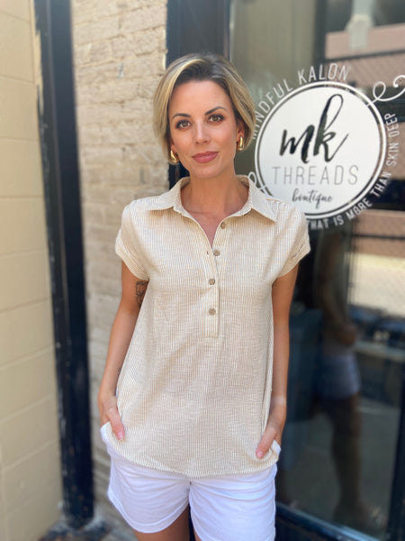 Ronan Khaki Half Button Striped Top