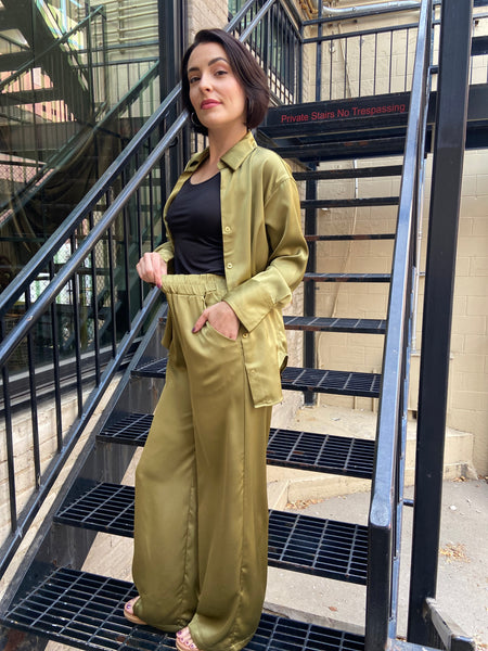 Orion Olive Satin Wide Leg Pants