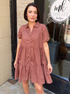 Lyra Brown Short Button Up Tiered Dress