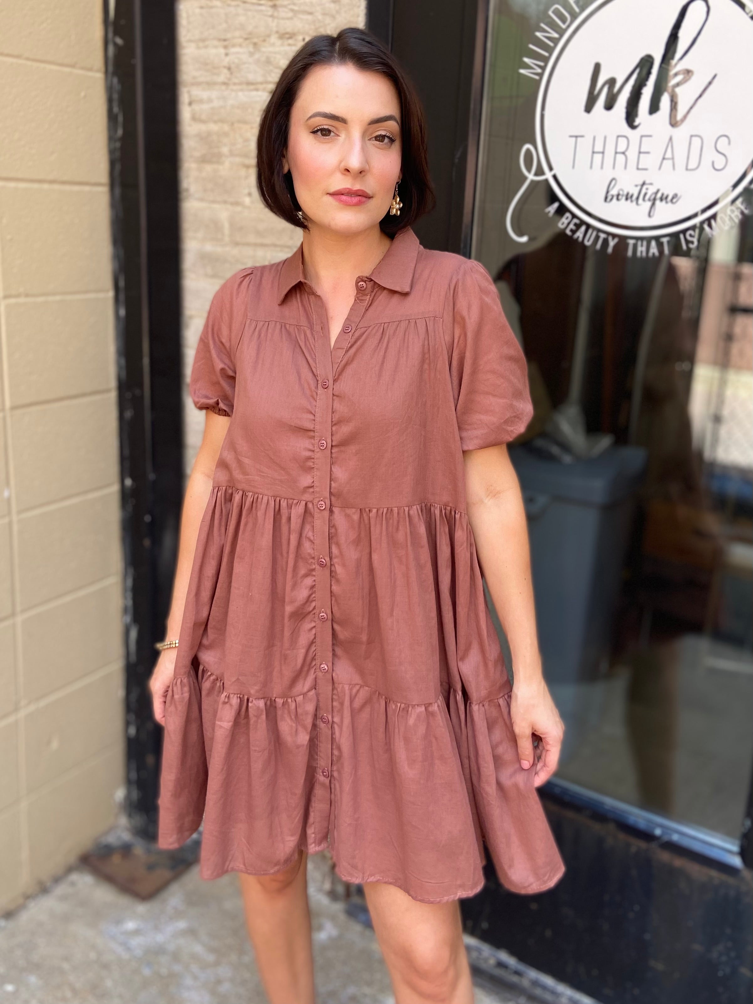 Lyra Brown Short Button Up Tiered Dress