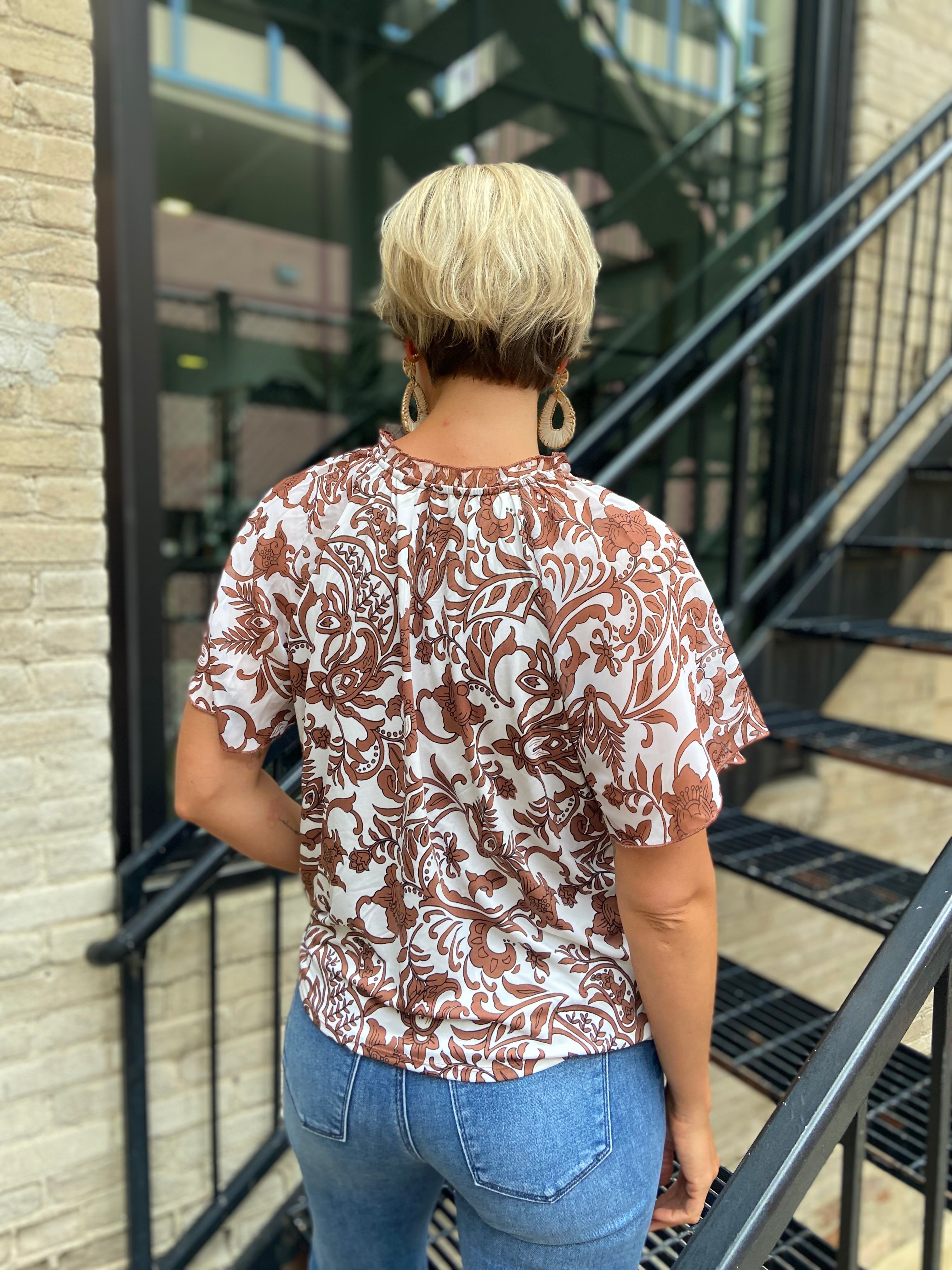 Nelly Brown Floral Neck Tie Ruffle Blouse