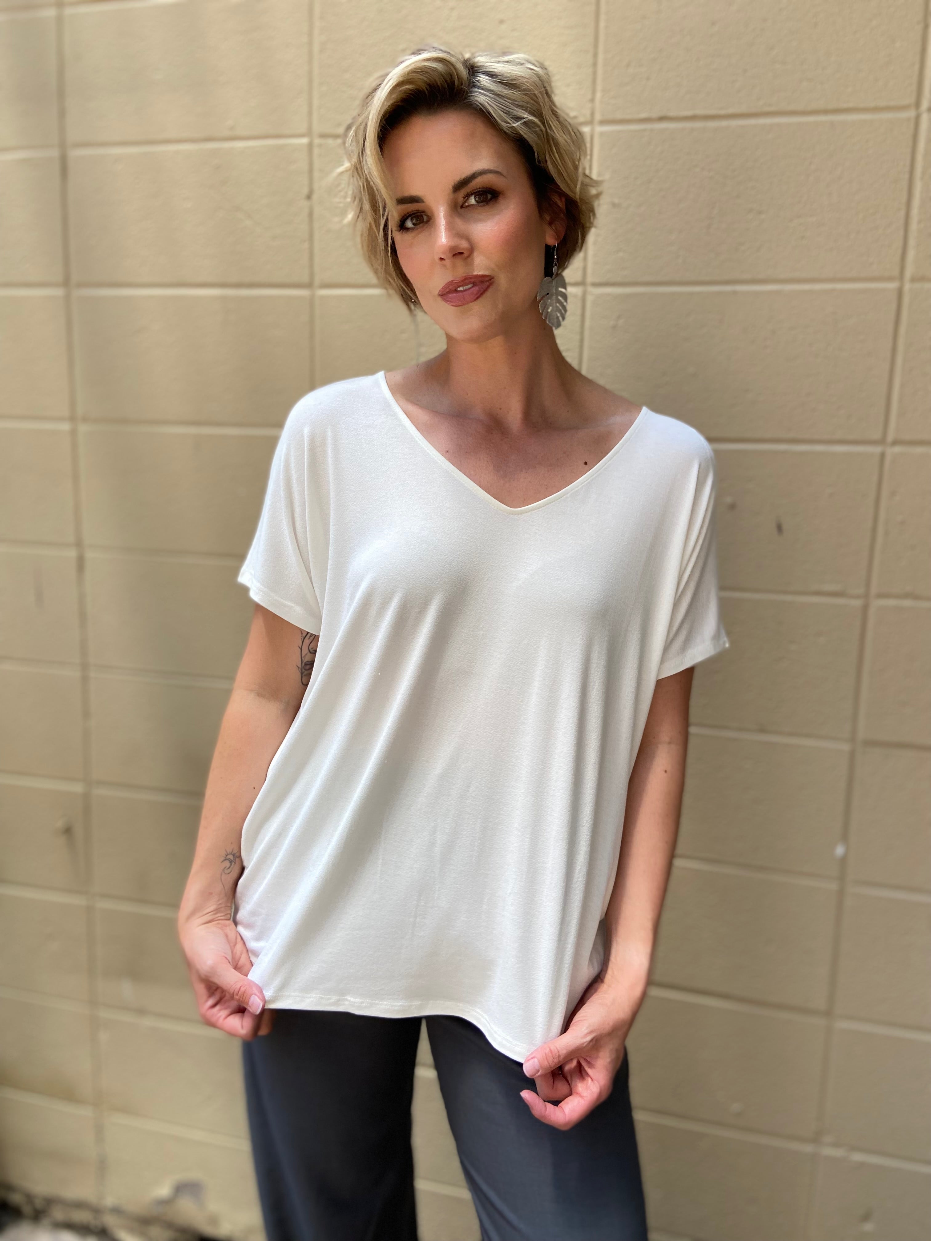 Nina White Stretchy V Neck Top - MK Threads Boutique