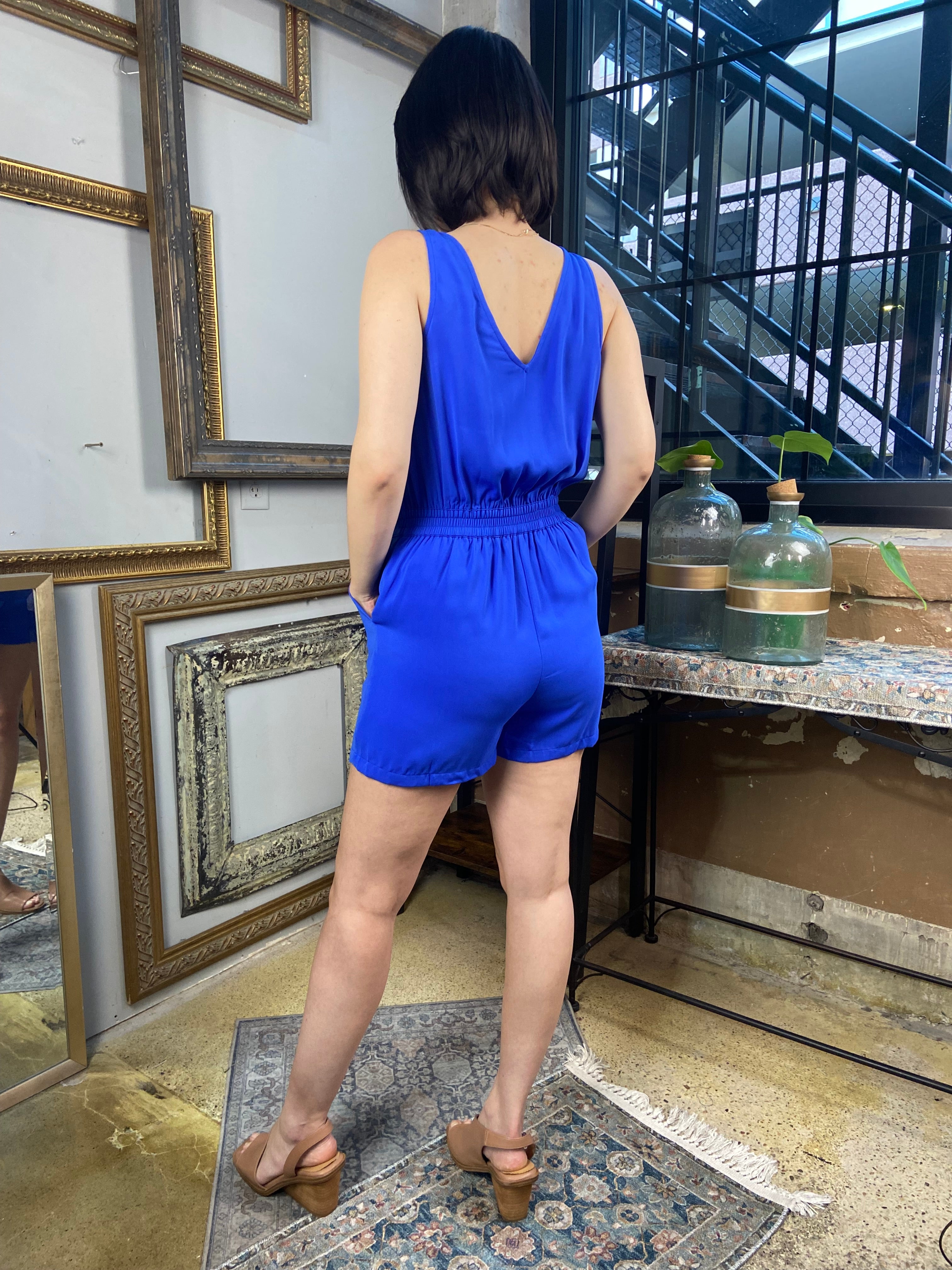 Cynthia Capri Blue Shoulder Knot Sleeveless Romper