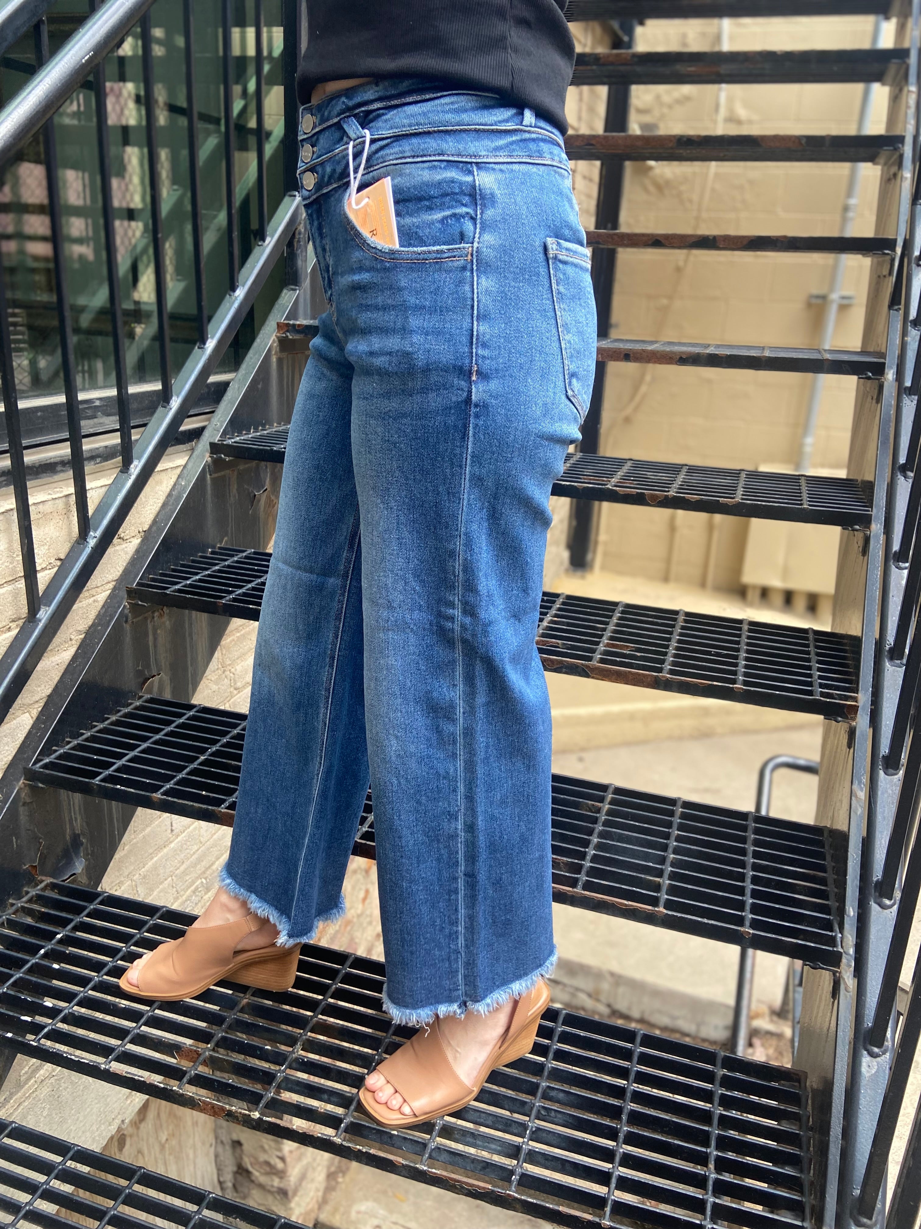 Alana Dark Wash Button Detail Wide Leg Risen Jeans - MK Threads Boutique