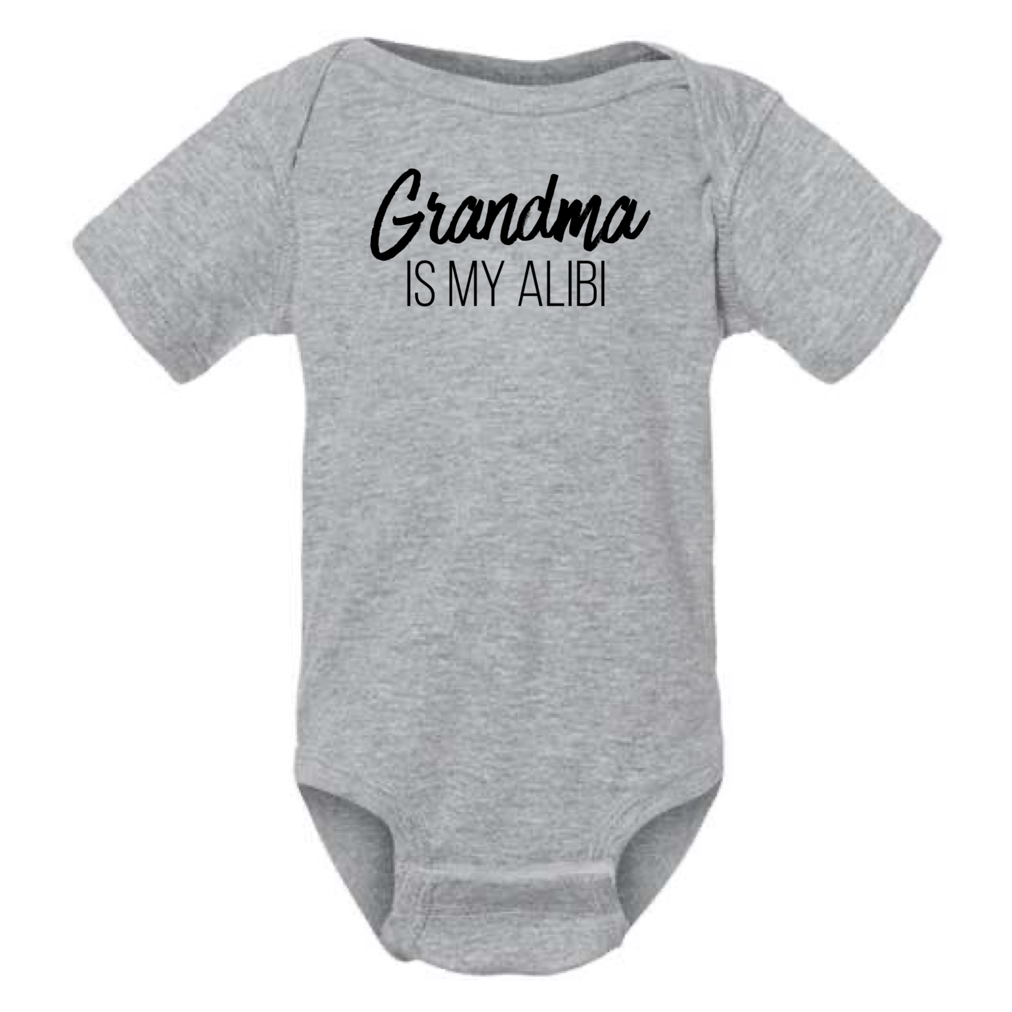 GRANDMA IS MY ALIBI BABY ONESIE: Dusty Rose -6 months
