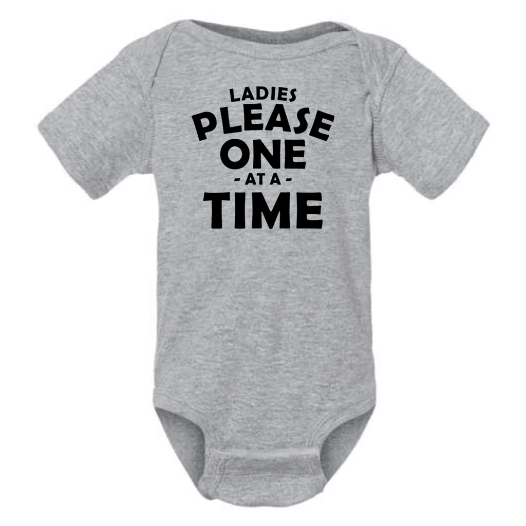 LADIES PLEASE - ONE AT A TIME BABY ONESIE: Charcoal -6 months