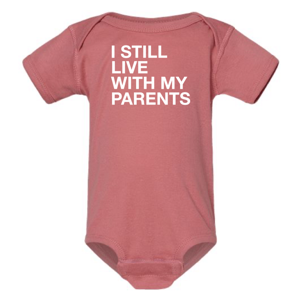 I STILL LIVE WITH MY PARENTS BABY ONESIE: Charcoal - 12 months