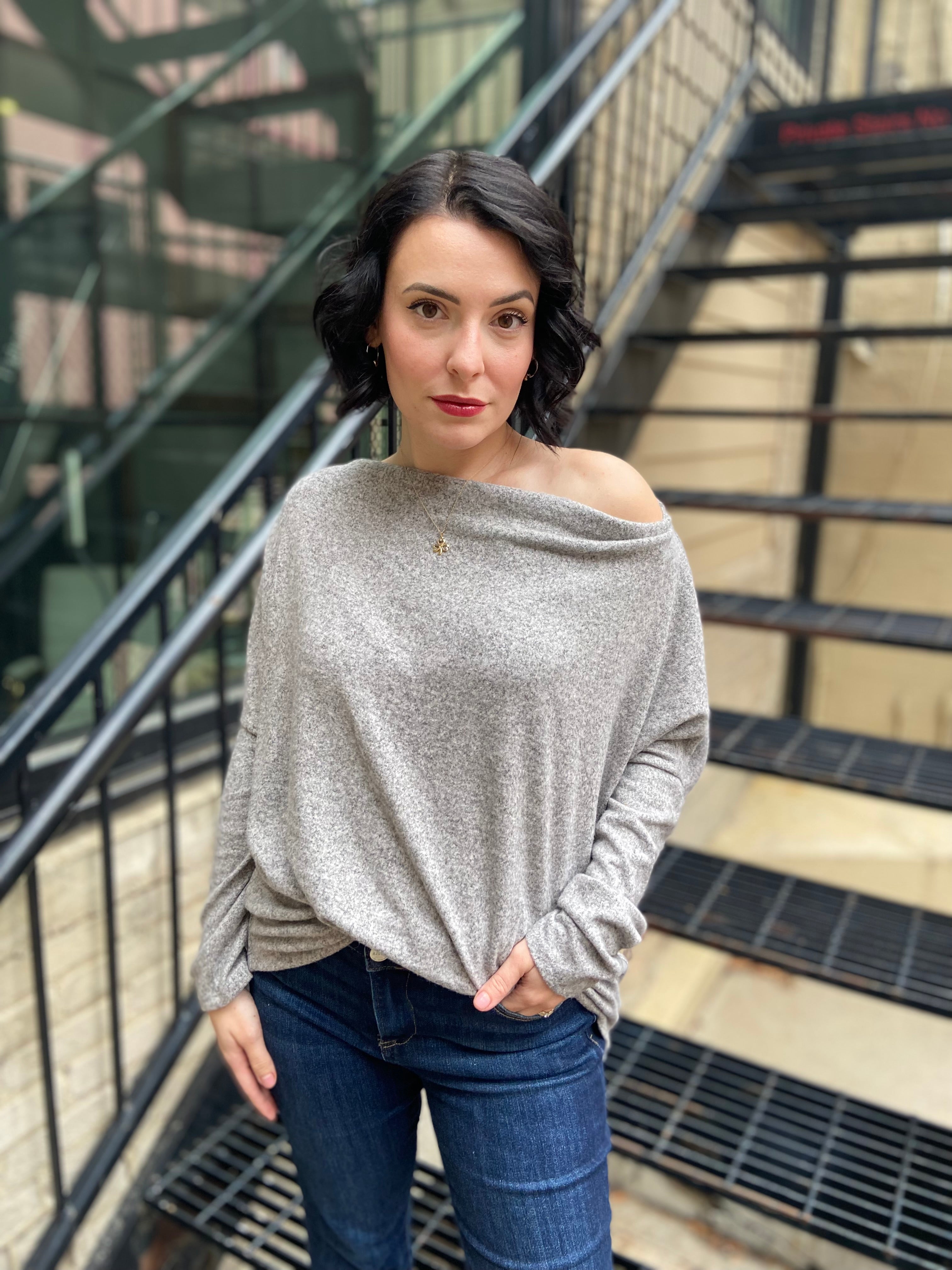 Skipper Oatmeal Off The Shoulder Sweater