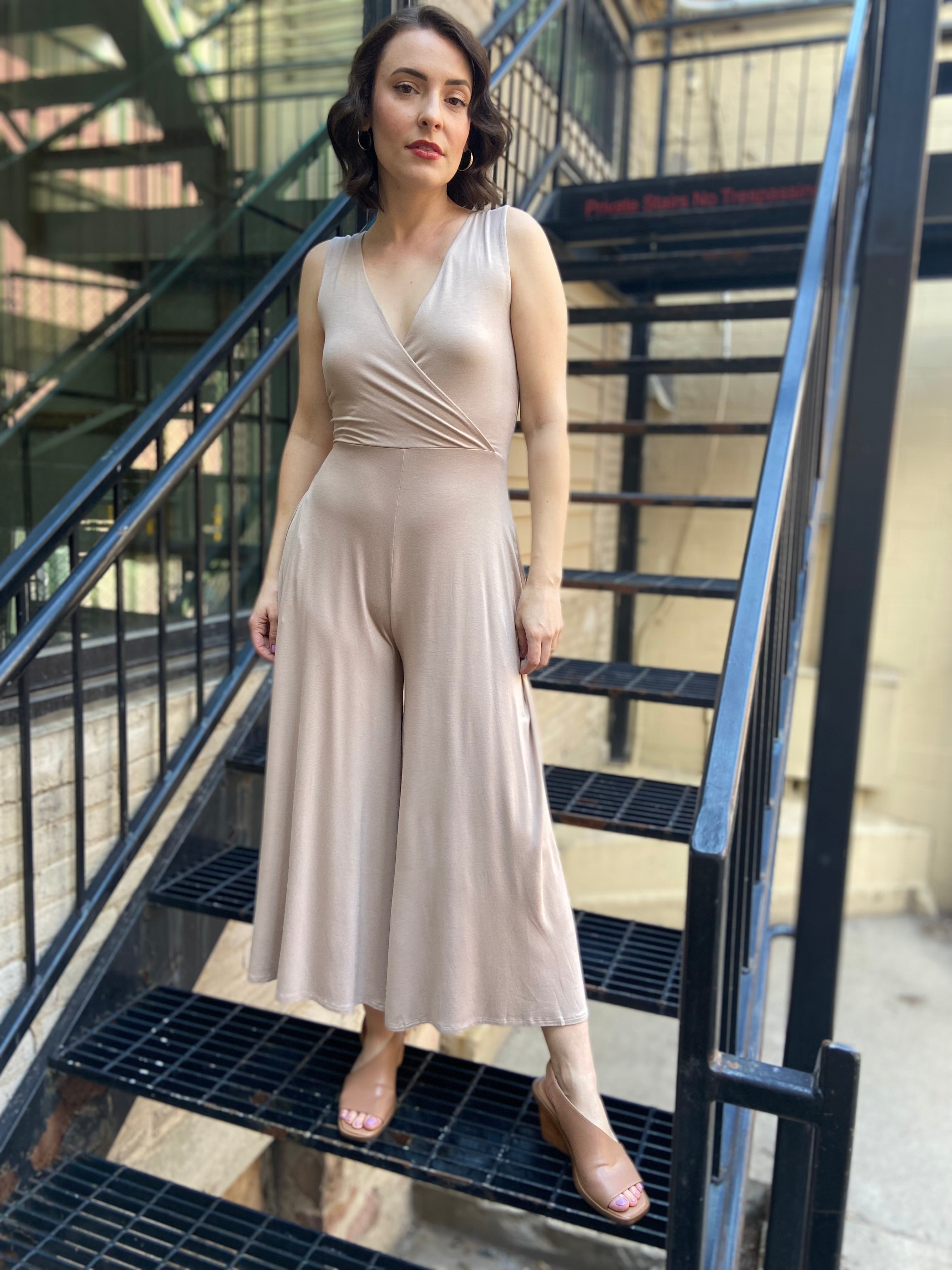 Mary Beige V Neck Wide Leg Jumpsuit - MK Threads Boutique