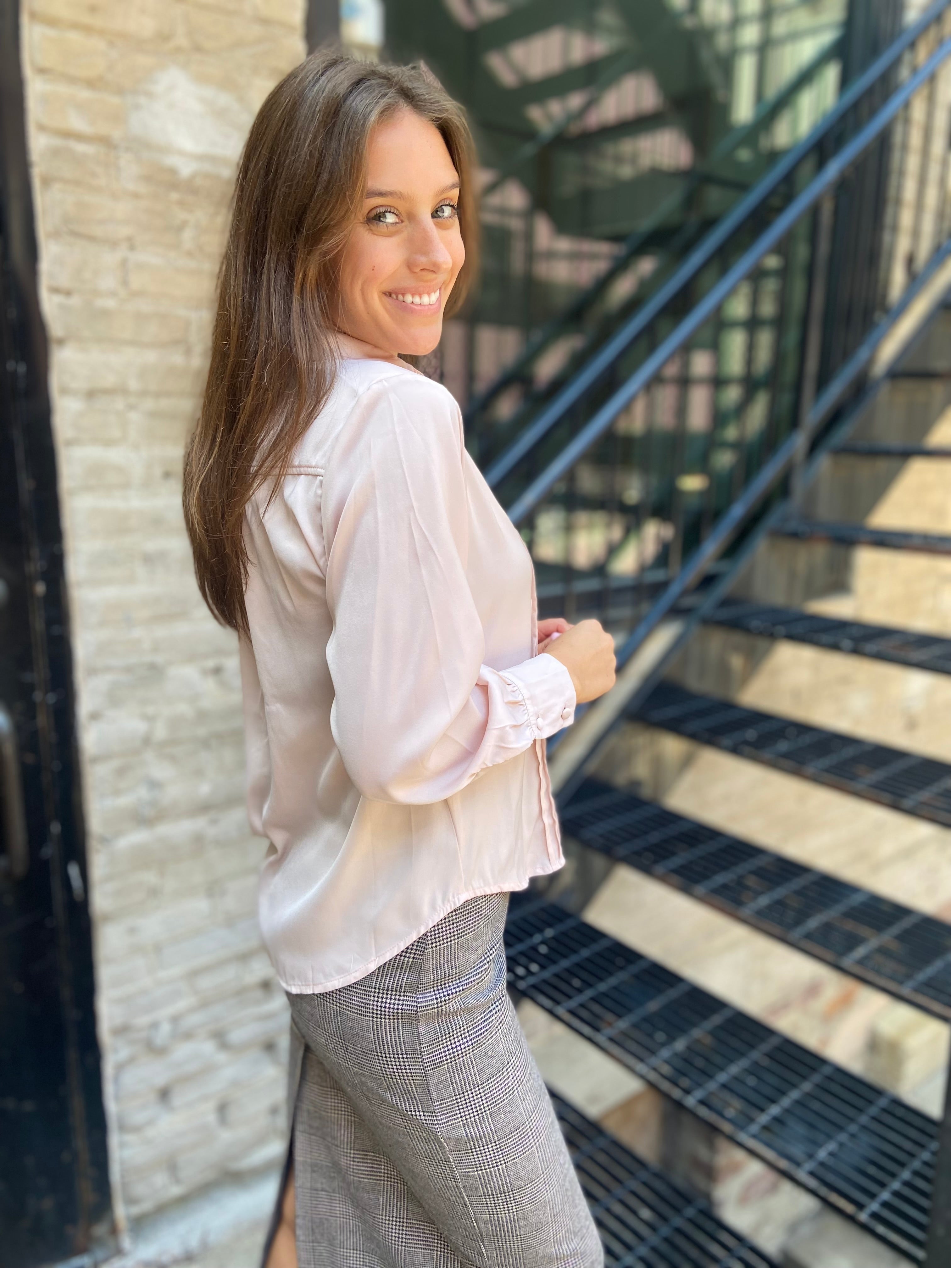 Kate Blush Pleated Long Sleeve Button Up