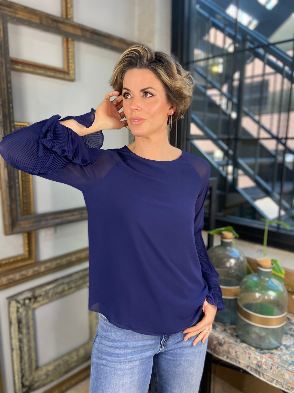 Olivia Navy Pleated Bell Sleeve Long Sleeve Blouse - MK Threads Boutique