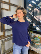 Olivia Navy Pleated Bell Sleeve Long Sleeve Blouse - MK Threads Boutique