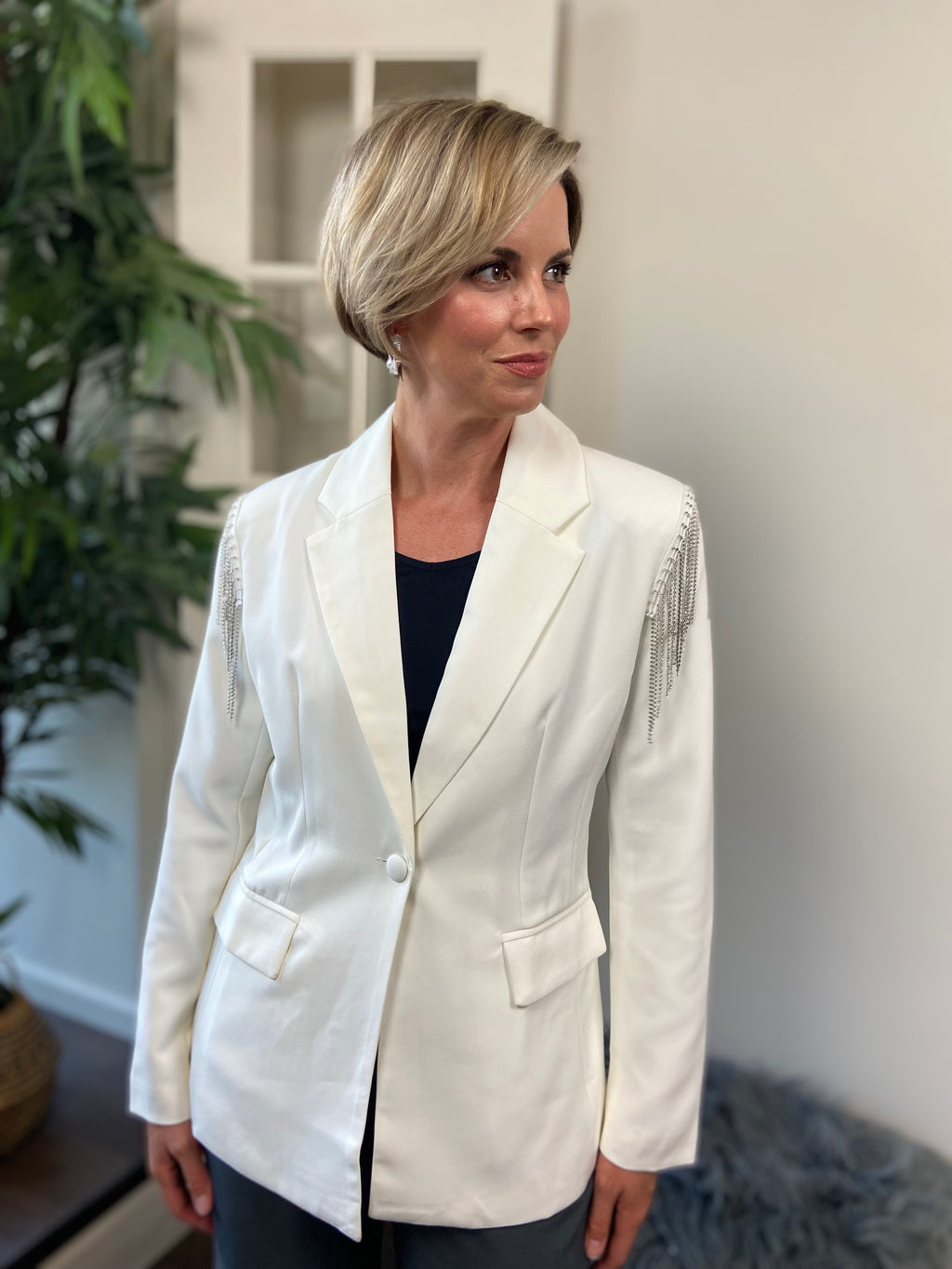 Veronica Off White Rhinestone Chain Detail Blazer - MK Threads Boutique
