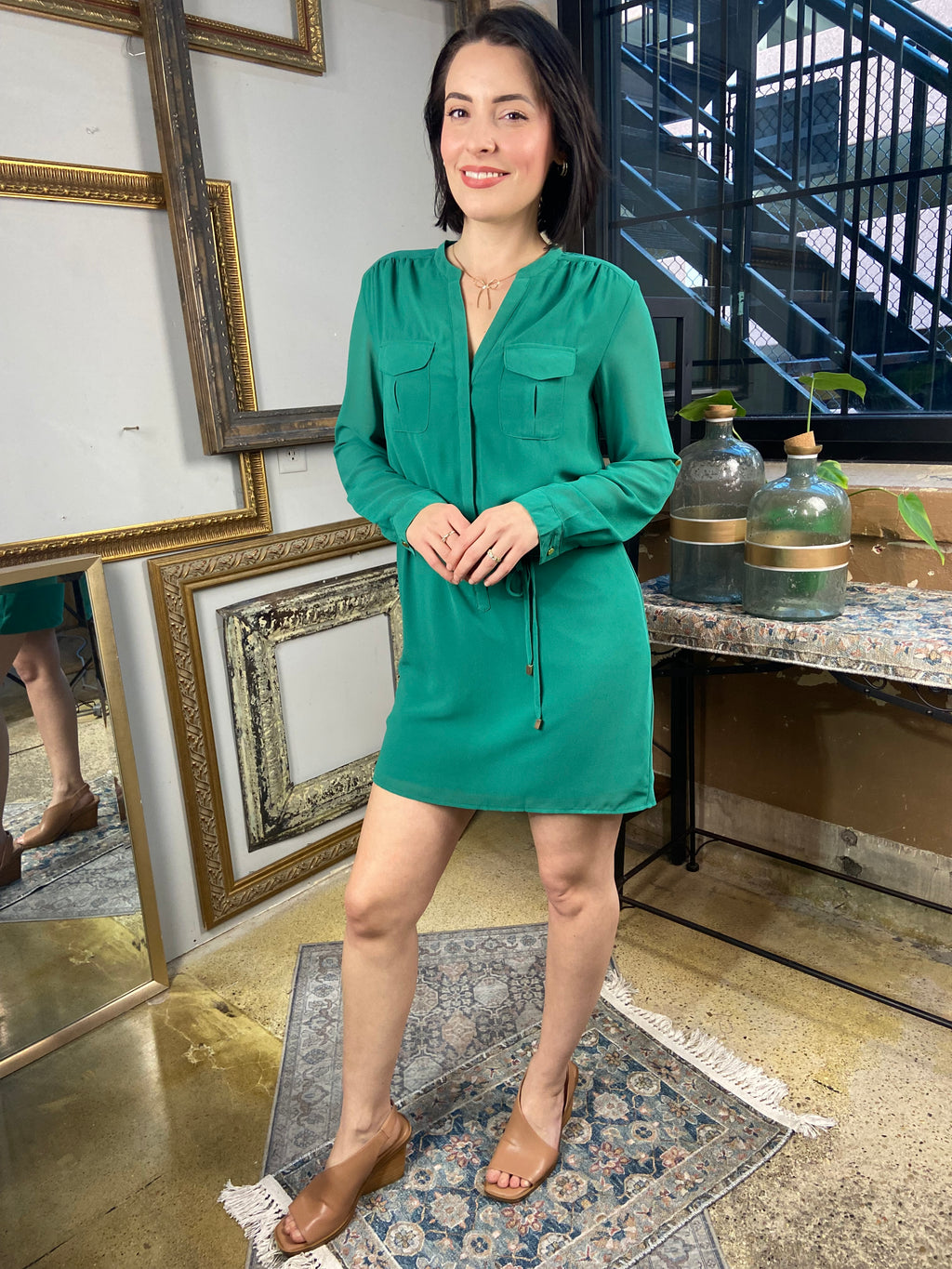 Hadley Green Drawstring Waist Long Sleeve Dress