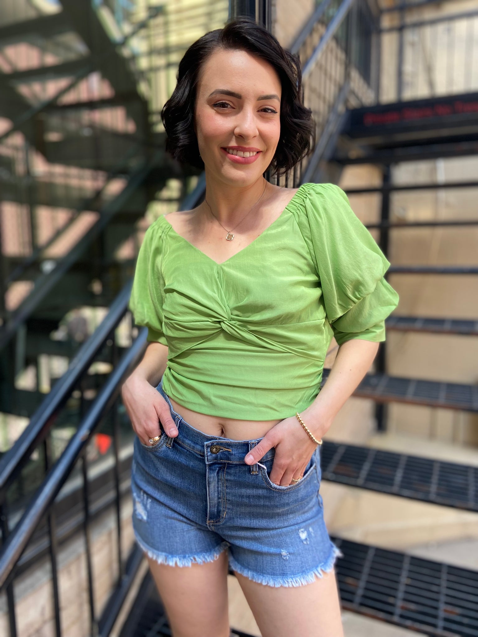 Introducing the Riley Green Reversible Puff Sleeve Top—your new go-to for effortless style. This trendy top features chic puff sleeves and a versatile design that lets you flaunt two looks in one. Whether you’re dressing up for a night out or keeping it casual, this top has got you covered. 

- Reversible design for versatile styling 
- Trendy puff sleeves for a touch of elegance 
- Perfect for any occasion—dress it up or down 
- Comfortable and flattering fit 
- Easy to pair with jeans, skirts, or shorts 