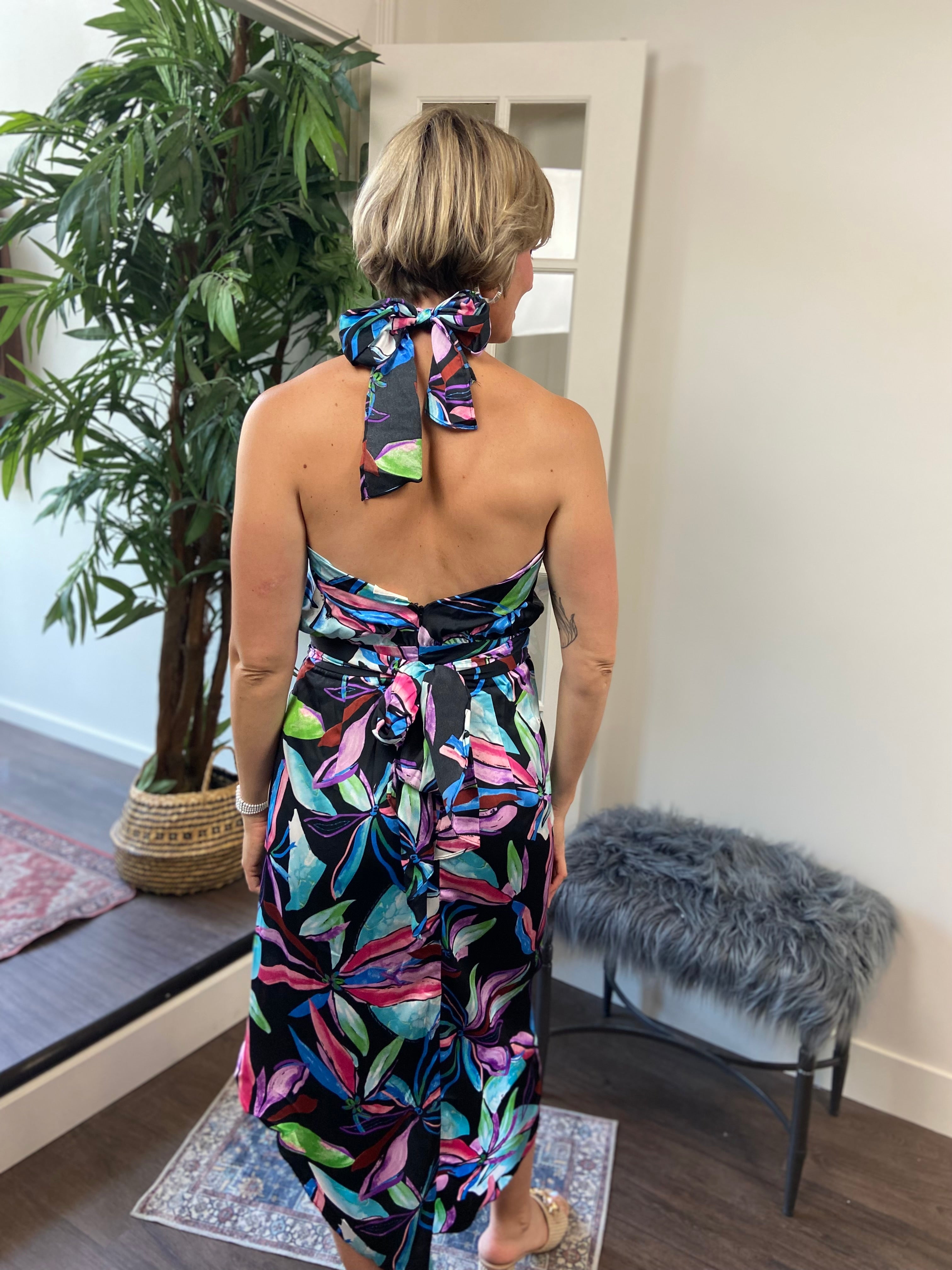 Natalie Black & Floral Detail Halter Neck Hi-Low Maxi Dress - MK Threads Boutique