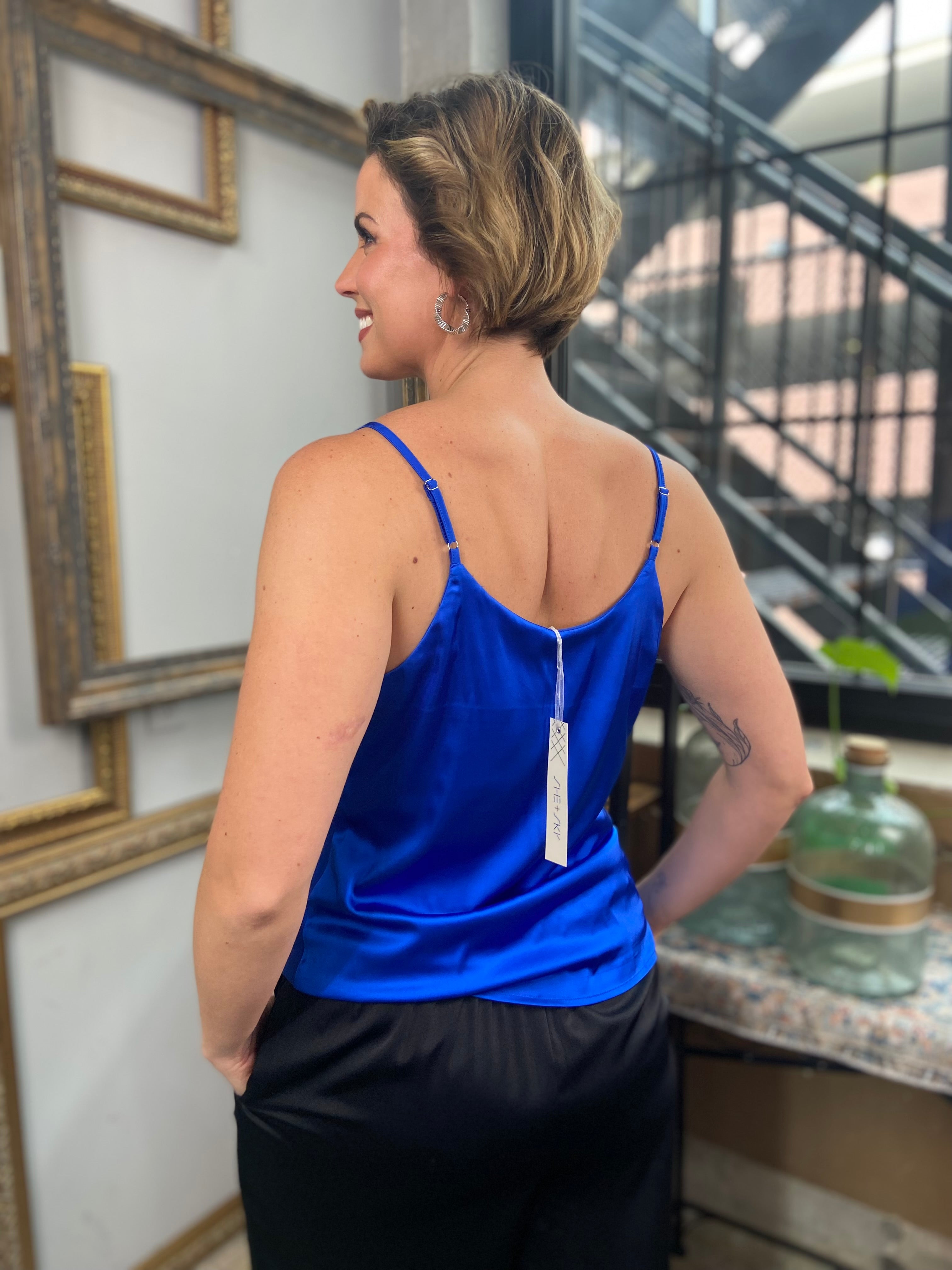 Caroline Royal Blue Satin Cowl Neck Blouse