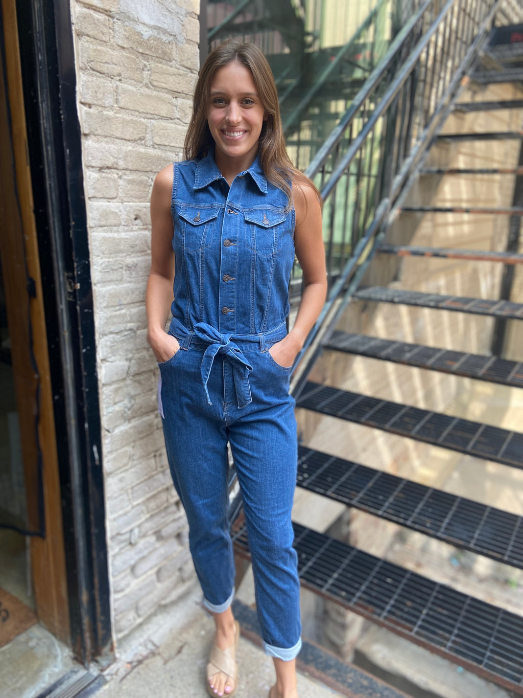 Claire Medium Wash Straight Leg Tie Waist Denim Jumpsuit