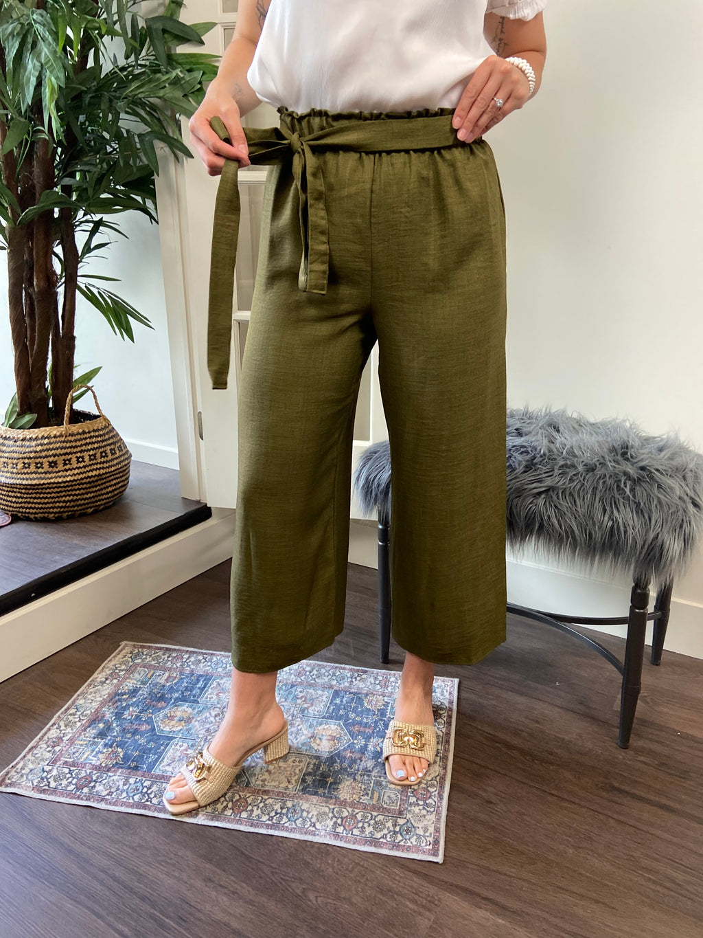 Cora Olive Green Wide Leg Tie Waist Pants - MK Threads Boutique
