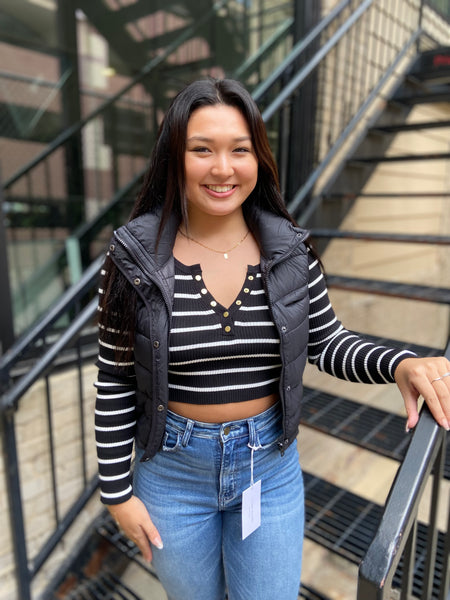 Nikki Black & White Striped Henley Top