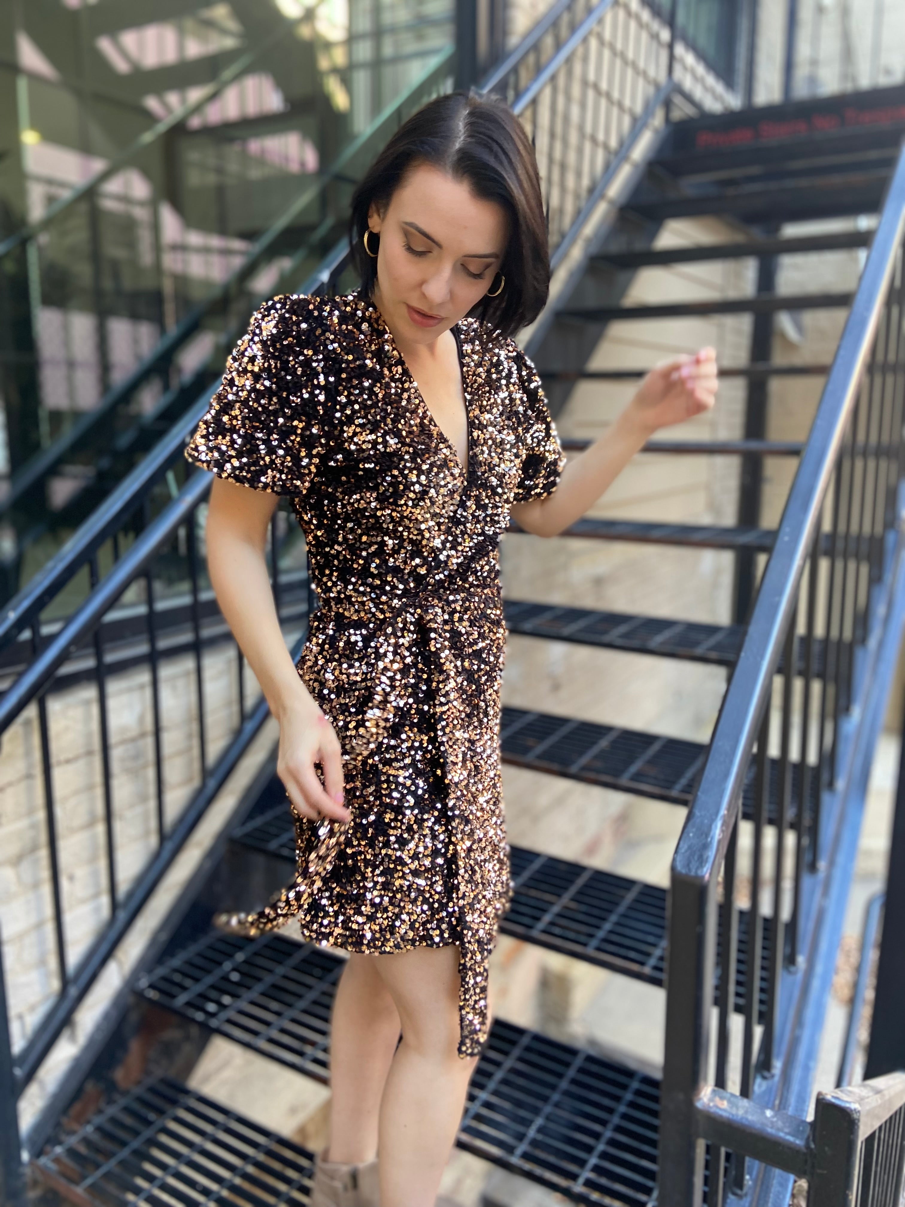 Peyton Black & Gold Sequin Wrap Mini Dress