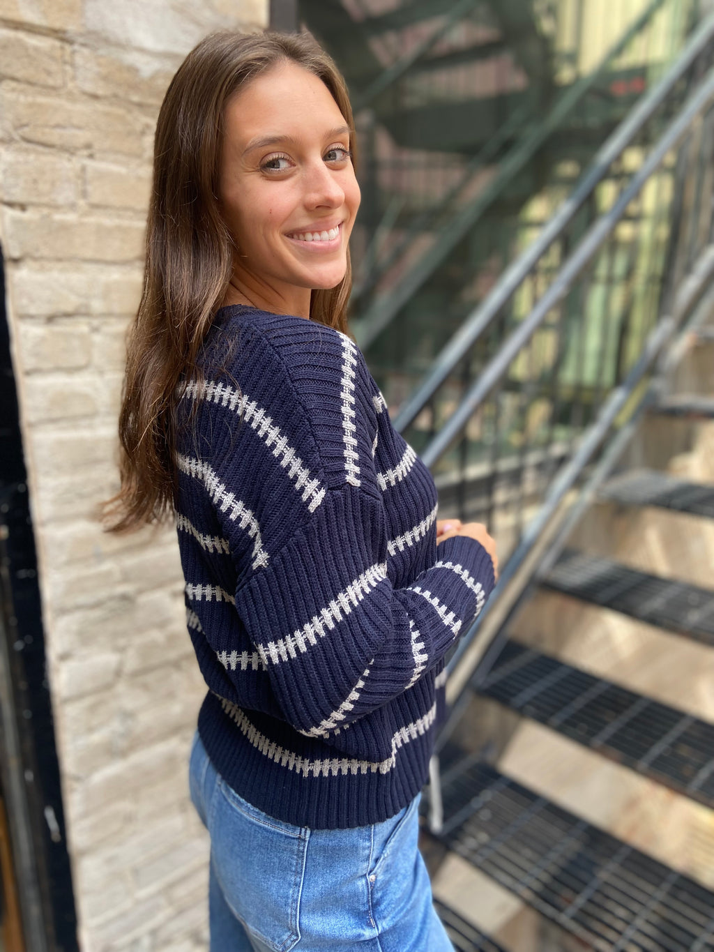 Nalu Navy Striped Ribbed Knit Sweater