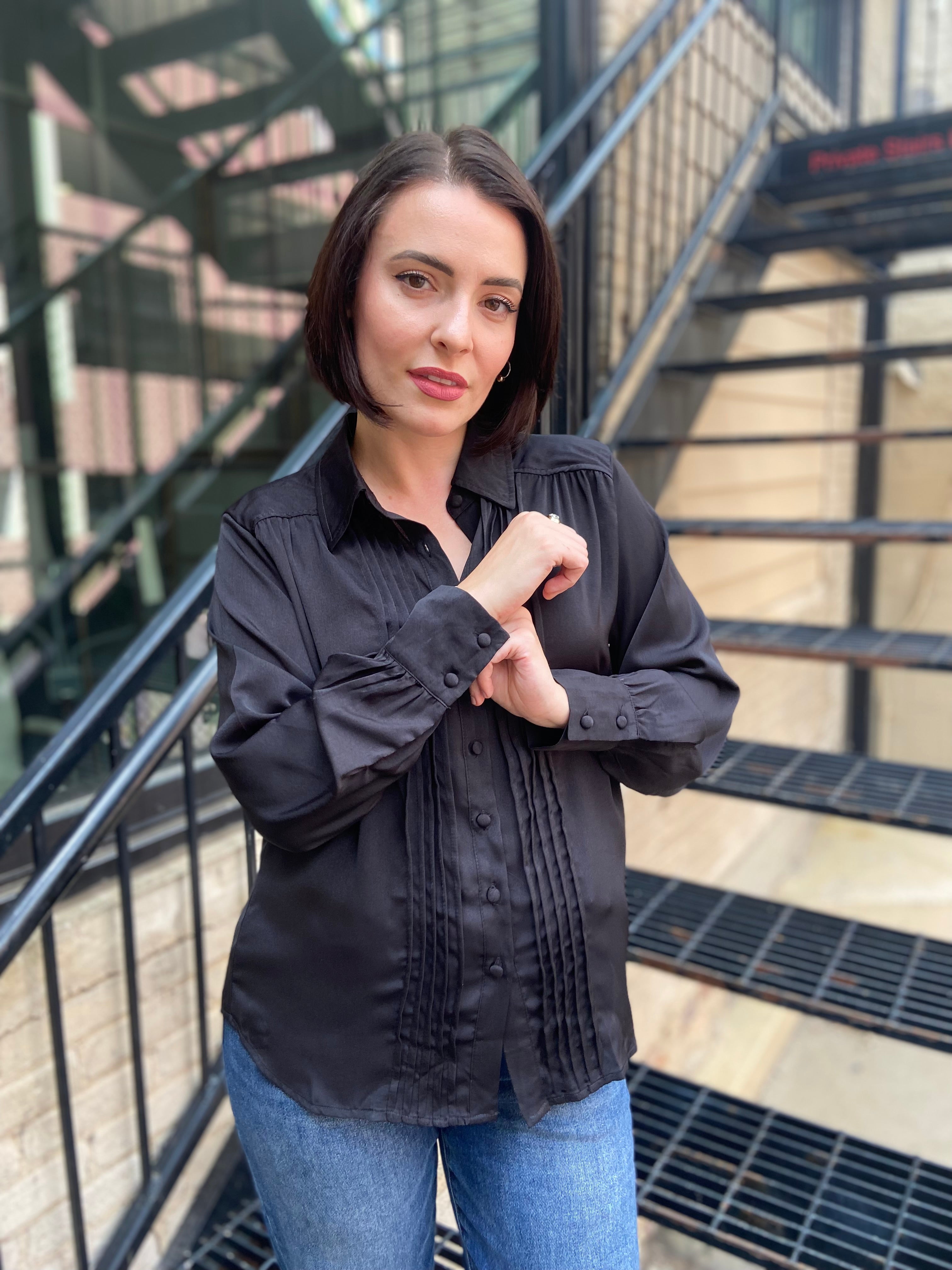 Kate Black Pleated Long Sleeve Button Up