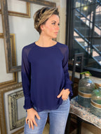 Olivia Navy Pleated Bell Sleeve Long Sleeve Blouse - MK Threads Boutique