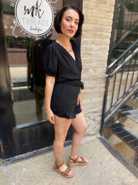 Capri Black V Neck Tie Romper